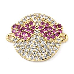 Фуксиновый Покрытие стойки латунь микро-паве прозрачный кубический цирконий плоские круглые подвески-соединители, смешные ссылки на сердечки, реальный 18 k позолоченный, долговечный, красно-фиолетовые, 18x22x3 мм, отверстие : 1.2 мм