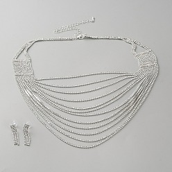 Серебро Комплекты из серег-гвоздиков и многослойных ожерелий из сплава стразов для женщин, серебряные, 447x165 мм