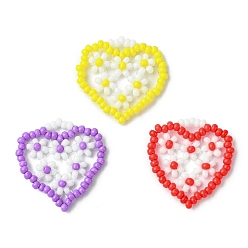 Mixed Color 3Pcs 3 Colors Glass Seed Beaded Heart with Flower Pendants, Mixed Color, 23x22x3.5mm, Hole: 1.8x3mm, 1color/pcs