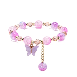 Темно-Розовый Блестящий эластичный браслет из акрила и стеклянных бусин, браслет из сплава с бабочкой и кисточкой для женщин, темно-розовыми, внутренний диаметр: 2 дюйм (5.2 см)