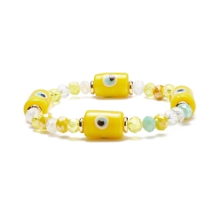 Gold Column with Evil Eye Lampwork & Glass Beaded Stretch Bracelet for Women, Gold, Inner Diameter: 1-7/8 inch(4.7cm)