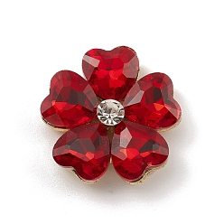 Red Alloy Cabochons, with Glass Rhinestone, Ligh Gold, Flower, Red, 19x19x5.5mm