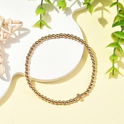 Or Bracelets extensibles en perles rondes et croix religieuses en hématite synthétique non magnétique pour femmes, or, diamètre intérieur: 2.13 pouce (5.4 cm)