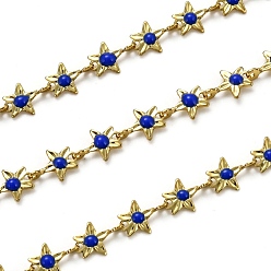 Medium Blue Brass Link Chains, with Enamel, Spool, Long-Lasting Plated, Unwelded, Star, Golden, Medium Blue, Link: 9x6.1x1.5mm