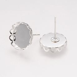 Silver Brass Stud Earring Settings, Nickel Free, Silver Color Plated, 13mm, Tray: 12mm, Pin: 0.6mm thick