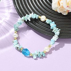 Larimar Natural Larimar Chips & Cultured Freshwater Pearl & Frosted Glass Beaded Stretch Bracelets for Women, Inner Diameter: 2.09 inch(5.3cm)