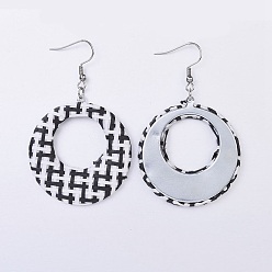 Black Dangle Earring, with Raffia Woven Pendants and Stainless Steel Findings, Flat Round, Black, 64.5~65mm, Pin: 0.6mm