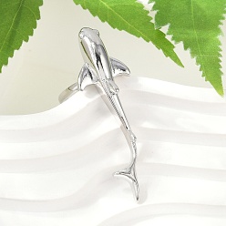 Платина Латунные кольца-манжеты для женщин, без кадмия и без свинца, рыба, платина, внутренний диаметр: регулируемый