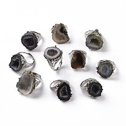 Natural Agate Natural Agate Irregular Druzy Adjustable Ring, Raw Rough Ring, Platinum Plated Brass Jewelry for Women, Inner Diameter: 15.3~18.4mm