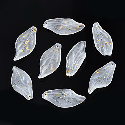 Clear Frosted Transparent Spray Painted Glass Pendants, with Glitter Powder, Leaf, Clear, 30x14x3.5mm, Hole: 1mm