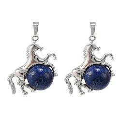 Ляпис-Лазурь Крашеные природные лазурит подвески, латунная лошадь с подвесками в виде шариков из драгоценных камней, стойки покрытие, платина, 33x35x16 мм, отверстие : 5x8 мм