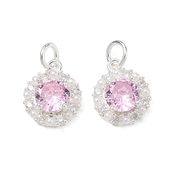 Silver Brass Micro Pave Pink Cubic Zirconia Charms, Round Charms, Silver, 12.5x10.5x4mm, Hole: 3.5mm
