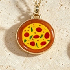 Pizza Collares con colgante redondo plano de latón esmaltado para mujer, dorado, chocolate, Pizza, 15.75 pulgada (40 cm)