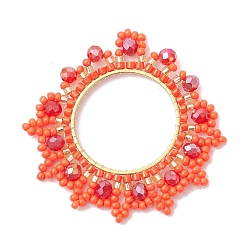 Оранжево-Красный Подвески в виде венков из стеклянных бисеров, с ионным покрытием (IP) 304 соединительное кольцо из нержавеющей стали, оранжево-красный, 44x47x4.5 мм, отверстие : 1.8 мм