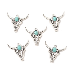 Antique Silver Synthetic Turquoise Pendants, with Alloy Findings, Cattle Head Charms, Antique Silver, 31.5x36x9mm, Hole: 3mm