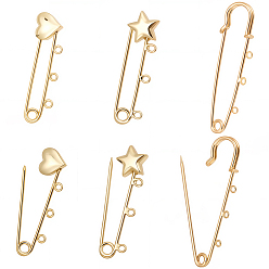 Настоящее золото 18K 6шт. 3 стили фурнитуры для латунных брошей, долговечный, реальный 18 k позолоченный, 11~50x15~37.5x4~5 мм, отверстие : 1.4~2 мм, 2 шт / стиль