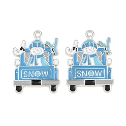 Platinum Rack Plating Alloy Enamel Pendants, Car & Snowman Charms, Cadmium Free & Nickel Free & Lead Free, Platinum, 30x21x1.5mm, Hole: 1.6mm