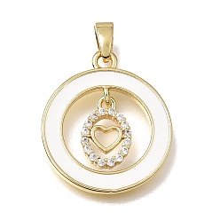 Golden Brass Micro Pave Clear Cubic Zirconia with White Enamel Pendants, Ring with Heart Charms, Rack Plating, Long-Lasting Plated, Cadmium Free & Lead Free, Golden, 21x18x2mm, Hole: 5mm