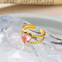 Бледно-Розовый 304 Открытые кольца-манжеты из нержавеющей стали и кубического циркония для женщин, сердце, золотые, розовый жемчуг, Сердце: 9x9.5 mm, размер США 7 1/4 (17.5 мм)