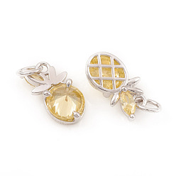 Platinum Brass Micro Pave Cubic Zirconia Charms, with Jump Ring, Pineapple, Yellow, Platinum, 10.5x6x3.5mm, Jump Ring: 4x0.6mm, Hole: 2.5mm