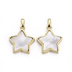 Golden Natural White Shell Mother of Pearl Shell Pendants, with Brass Findings, Star, Golden, 17.5x15.5x5mm, Hole: 2x4mm
