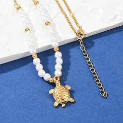 Turtle 304 подвеска из нержавеющей стали в виде морского животного, ожерелья из пластиковых бусин с имитацией жемчуга для женщин, белые, реальный 18 k позолоченный, черепаха, 17.83 дюйм (45.3 см)