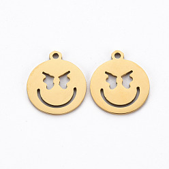Golden Ion Plating(IP) 201 Stainless Steel Pendants, Cut, Flat Round with Expression, Golden, 17.5x15x1mm, Hole: 1.5mm