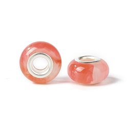 Coral Rondelle Resin European Beads, Large Hole Beads, Imitation Stones, with Silver Tone Brass Double Cores, Coral, 13.5x8mm, Hole: 5mm