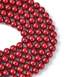 Red Eco-Friendly Dyed Glass Pearl Round Beads Strands, Grade A, Cotton Cord Threaded, Red, 10mm, Hole: 0.7~1.1mm, about 42pcs/strand, 15 inch