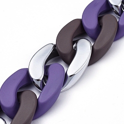 Indigo Three Tone Handmade Curb Chains, Cuban Link Chains, with Opaque Spray Painted Acrylic Linking Rings and CCB Plastic Linking Rings, for Jewelry Making, Indigo, Link: 30x21x6mm, 29x21x6mm, 39.37 inch(1m)/strand