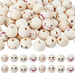 Old Lace 100Pcs 4 Styles Printed Wood European Beads, Facial Expression, Large Holde Print Round Beads, Undyed, Old Lace, 18~20x17.5mm, Hole: 4~5mm, 25pcs/style 