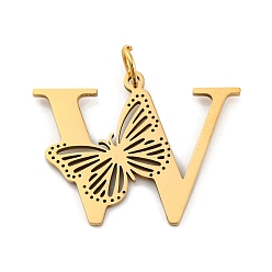 Letter W Ионное покрытие (ip) 201 подвески из нержавеющей стали, письмо с подвесками-бабочками, золотые, Буква W, 27x35x1.5 мм, Кольцо: 7x1 mm, отверстие : 5 мм