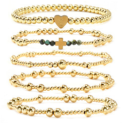 Золотой 5 Браслеты из латуни и натуральных бусин африканской бирюзы (яшмы) для женщин, эластичные., круглая фигурка и сердечко с буквой s, золотые, регулируемый