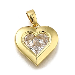 Настоящее золото 18K Латунные микропаве прозрачные подвески с фианитом, сердце прелести, долговечный, стойки покрытие, без свинца и без кадмия, реальный 18 k позолоченный, 15.5x15x3 мм, отверстие : 2x5 мм