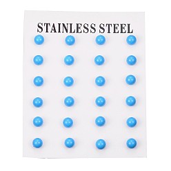 Blue 304 Stainless Steel Spray Painted Stud Earrings, Round, Blue, 17x6mm, Pin: 0.8mm, 12pairs/card