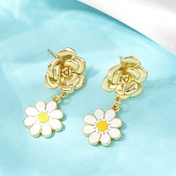 Настоящее золото 18K Серьги-гвоздики из латуни с подвесками в виде цветка маргаритки, с эмалью, без кадмия и без свинца, стойки покрытие, долговечный, реальный 18 k позолоченный, 33x14 мм