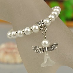White Lovely Wedding Dress Angel Bracelets for Kids, Carnival Stretch Bracelets, with Glass Pearl Beads and Tibetan Style Beads, White, 45mm