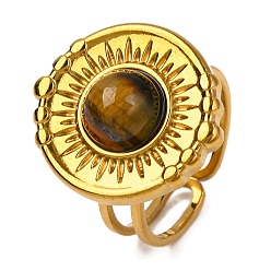 Тигровый глаз Натуральный тигровый глаз кольца палец, плоские круглые золотистые тона 304 манжеты из нержавеющей стали для женщин, внутренний диаметр: регулируемый