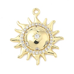 Настоящее золото 18K Латунные микропаве прозрачные подвески с фианитом, солнечные чары, без кадмия и без свинца, долговечный, стойки покрытие, реальный 18 k позолоченный, 24x21.5x4.5 мм, отверстие : 1.5 мм