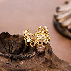 Золотой 304 открытые кольца-манжеты из нержавеющей стали для женщин, лист, золотые, внутренний диаметр: 15~20 мм