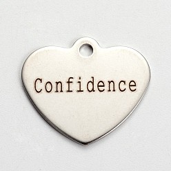 Stainless Steel Color Non-Tarnish 201 Stainless Steel Heart Pendants, with Word Confidence, Cadmium Free & Nickel Free & Lead Free, Stainless Steel Color, 21x24x1mm, Hole: 2mm
