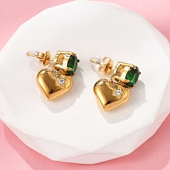 Настоящее золото 18K В форме сердца 304 серьги-гвоздики из нержавеющей стали с микропаве из кубического циркония, реальный 18 k позолоченный, 22x13.5 мм