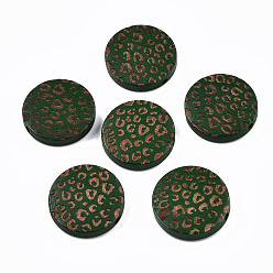 Dark Green Painted Natural Wood Beads, Laser Engraved Pattern, Flat Round with Leopard Print, Dark Green, 20x5mm, Hole: 1.5mm