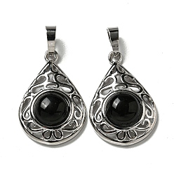 Обсидиан Природные подвески обсидиана, покрытие стойки латунные полые слезы подвески, без кадмия и без свинца, платина, 29.5x19.5x7.5 мм, отверстие : 7.5x5 мм