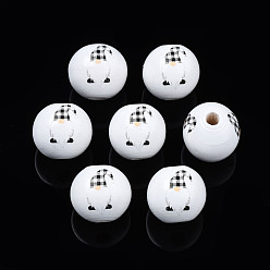 Средний Синий Шифер Расписные круглые бусины из натурального дерева, Дед Мороз, средний грифельно-синий, 16x15 мм, отверстие : 4 мм