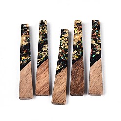 Черный Подвески из непрозрачной смолы и орехового дерева, трапециевидные подвески, с блестящей пудрой и золотой фольгой, чёрные, 44.5x8x3~3.5 мм, отверстие : 2 мм