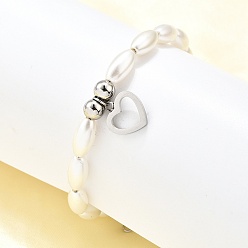 Нержавеющая Сталь Цвет 304 женские браслеты с подвесками в виде сердечек из нержавеющей стали, с пластиковыми бусинами из искусственного жемчуга, цвет нержавеющей стали, 7 дюйм (17.7 см)