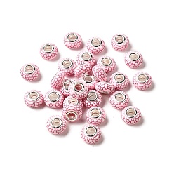 Pink Непрозрачная смола европейский бисер, бусины с большим отверстием, рондель с латунными сердечниками, покрытыми серебром, розовые, 14x7.5 мм, отверстие : 5 мм