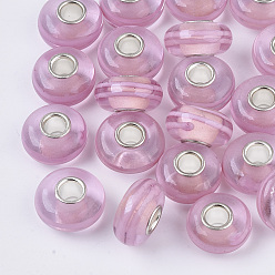 Flamingo Handmade Lampwork European Beads, Large Hole Beads, with Silver Color Plated Brass Single Cores, Rondelle, Flamingo, 14x7.5mm, Hole: 4mm