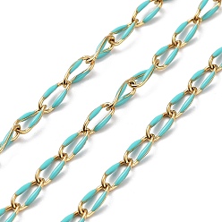 Turquoise 304 Stainless Steel Handmade Beaded Chain, with Enamel, with Spool, Soldered, Real 18K Gold Plated, Oval, Turquoise, 9x4x1mm, about 16.40 Feet(5m)/Roll